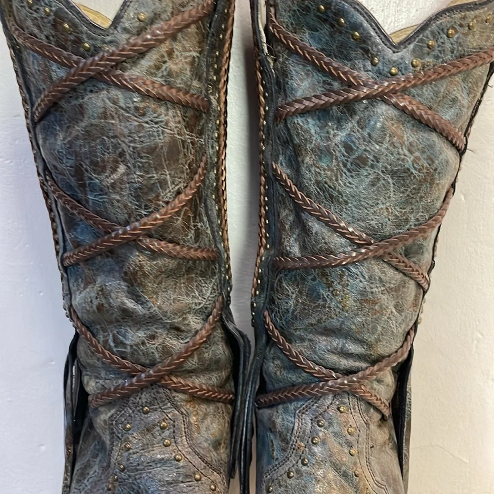 #0167 Corral Vintage Leather Snip Toe Cowboy Boot With Fringe-7.5 - Picture 6 of 15